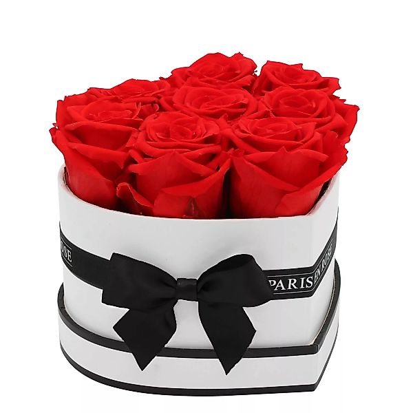 Rosenbox Herz Weiß mit Schleife und 8 Roten Rosen günstig online kaufen