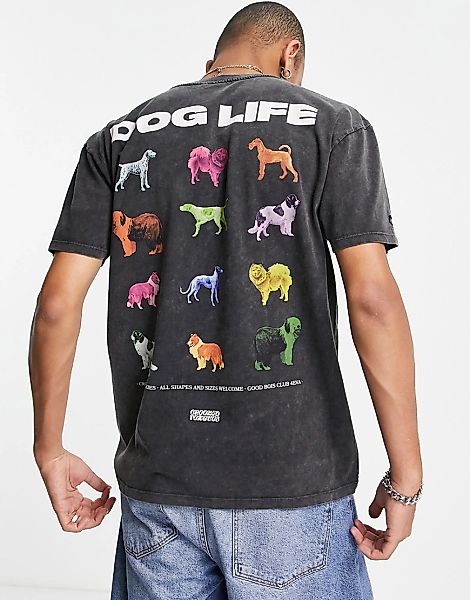 Crooked Tongues – T-Shirt in verwaschenem Schwarz mit „Dog Life“-Prints-Wei günstig online kaufen