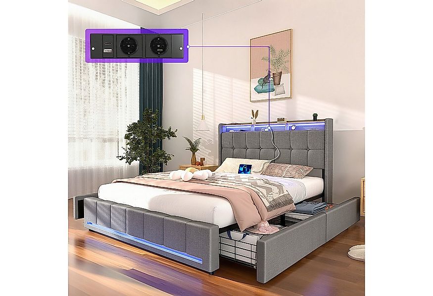 oyajia Polsterbett LED Doppelbett 140x200 cm mit 4 Schubkästen und Kopfteil günstig online kaufen