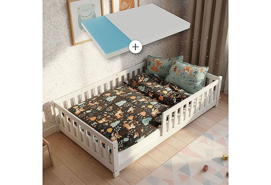 Juskys Kinderbett Naya, 120x200 cm Bodenbett, Holz, mit Matratze, Rausfalls günstig online kaufen