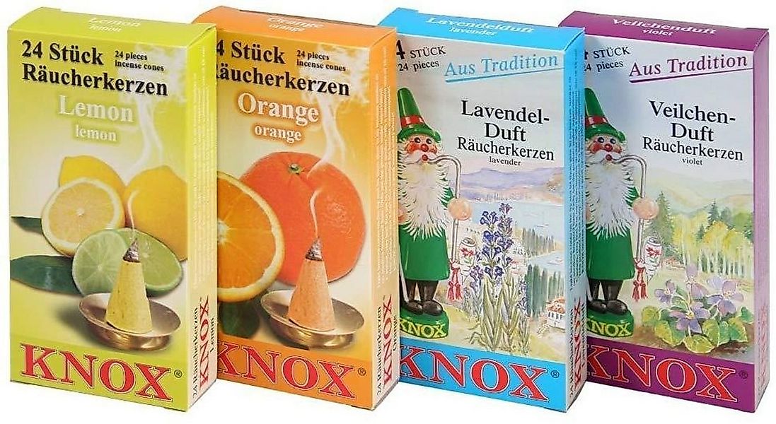 KNOX Duftkerze 4er Set Räucherkerzen Lavendel, Veilchen, Orange, Lemon günstig online kaufen