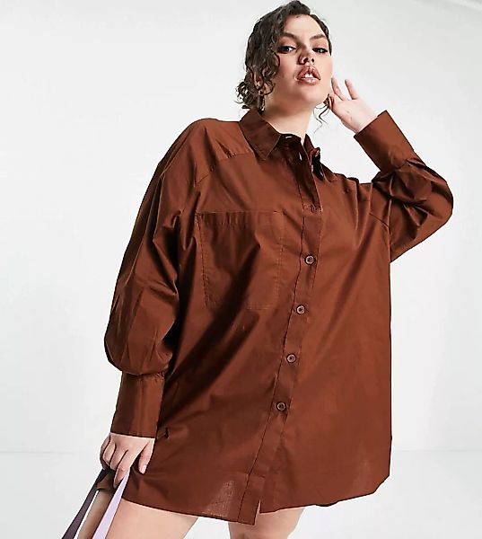 Threadbare – Große Größen – Oversize-Hemdkleid mit Ballonärmeln in Schokola günstig online kaufen