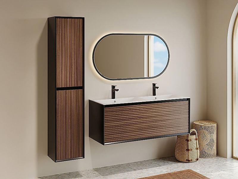 Waschbeckenunterschrank hängend mit Einbauwaschbecken, Badhochschrank & Arm günstig online kaufen