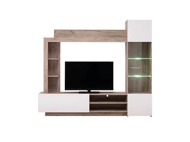 TV-Möbel TV-Wand mit Stauraum & LEDs - Weiß & Eichefarben - ARKALA günstig online kaufen