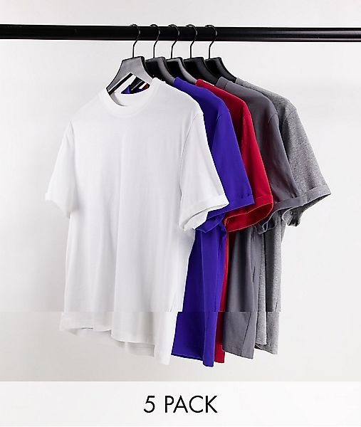 ASOS DESIGN – 5er-Pack T-Shirts mit Rollärmeln-Mehrfarbig günstig online kaufen