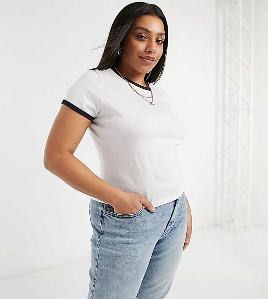 Brave Soul Plus – Claudia – T-Shirt mit Kontrastbesatz-Weiß günstig online kaufen