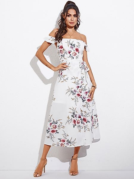 YOINS Weiß Random Floral Belted Split Design Off-the-Shoulder Kleid günstig online kaufen