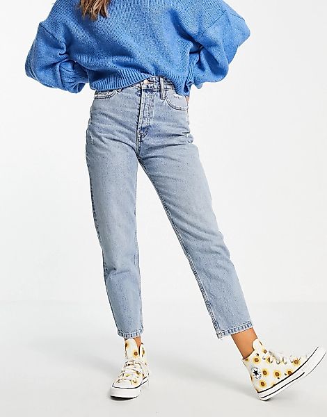 Pull&Bear – Mom-Jeans in verwaschenem Blau mit hoher Taille und verdecktem günstig online kaufen