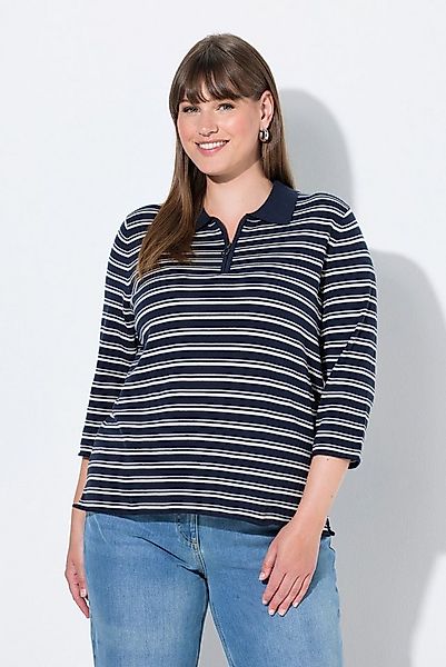 Ulla Popken Strickpullover Polo-Pullover Ringel 3/4-Arm Biobaumwolle günstig online kaufen