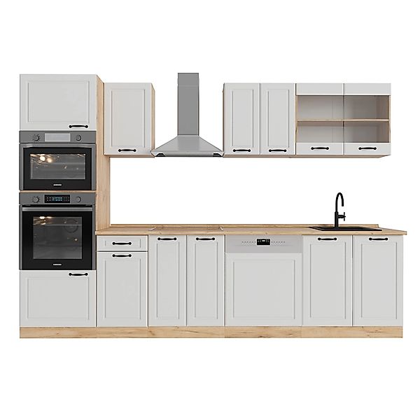 Vicco R-Line Küchenzeile Weiß Landhaus/Goldkraft Eiche 300 cm mit Hochschra günstig online kaufen