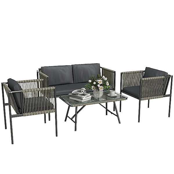 Outsunny Gartenmöbel Set aus Polyrattan Lounge-Set mit 2er Sofa Sessel Glas günstig online kaufen