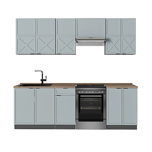 Vicco Fame-Line Küchenzeile Hellblau-grau/Anthrazit 240 cm AP Eiche günstig online kaufen
