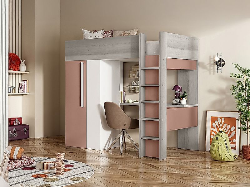 Hochbett mit Schreibtisch & Kleiderschrank  + Matratze - 90 x 200 cm - Rosa günstig online kaufen