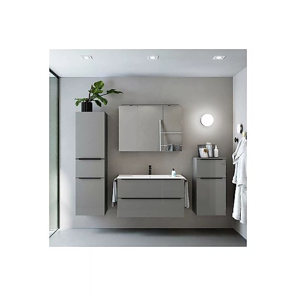 Badmöbel Komplett Set mit Spiegelschrank, Griffleisten schwarz matt, Hochgl günstig online kaufen