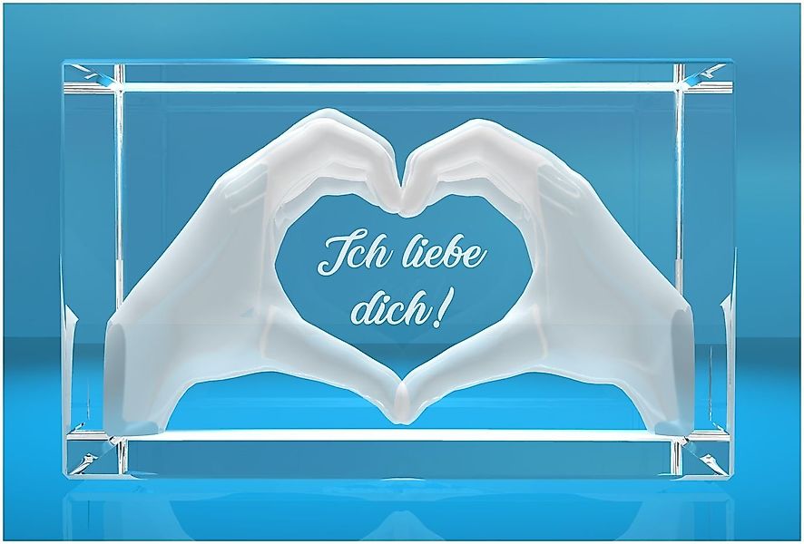 Dekofigur 3D Glasquader I Herz aus Händen mit Gravur I Text: Ich liebe Dich günstig online kaufen