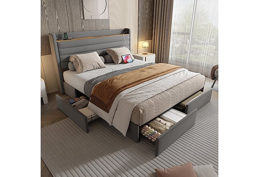 KLAM HOME Polsterbett Doppelbett mit 4 Stauraumschubladen und USB-Schnittst günstig online kaufen