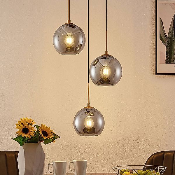 Lindby Hängelampe Jurian, 32 cm, 3-flg., bronze, rauch, Glas günstig online kaufen