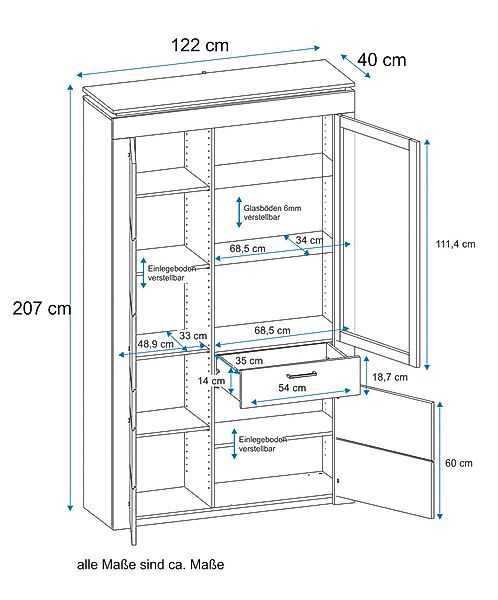 VOGL Möbelfabrik Vitrine Höhe 209 cm, Breite 122 cm mit viel Stauraum, teil günstig online kaufen
