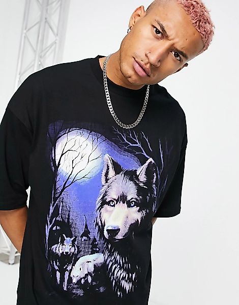 ASOS DESIGN – Oversize-T-Shirt in Schwarz mit Wolfsprint günstig online kaufen