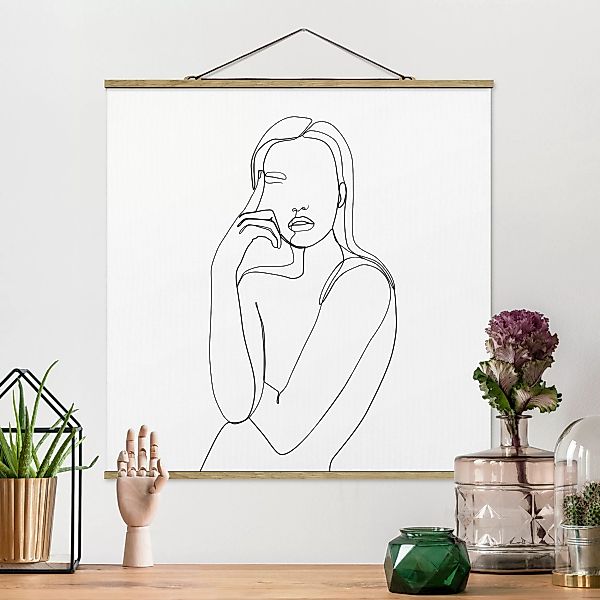 Stoffbild Abstrakt mit Posterleisten - Quadrat Line Art Nachdenkliche Frau günstig online kaufen