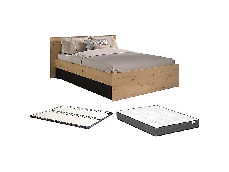 Bett mit 2 Schubladen + Lattenrost + Matratze - 140 x 190/200 cm - Holzfarb günstig online kaufen
