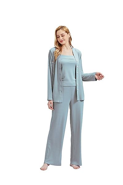 M-Diamant Schlafanzug Damen Pyjama-Set Damenwäsche V-Ausschnitt 3 teilig (S günstig online kaufen