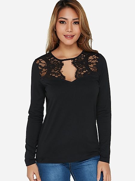 Schwarzes T-Shirt mit Rundhalsausschnitt und langen Ärmeln günstig online kaufen
