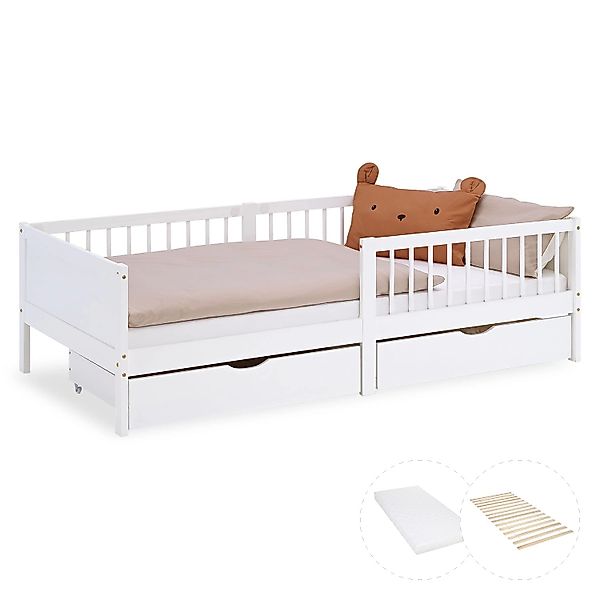 Homestyle4u Kinderbett 90x200 mit Matratze 2 Bettkästen Rausfallschutz Weiß günstig online kaufen
