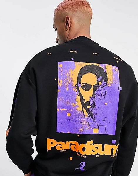 ASOS DESIGN – Übergroßes Sweatshirt mit Fotoprint hinten in Schwarz günstig online kaufen