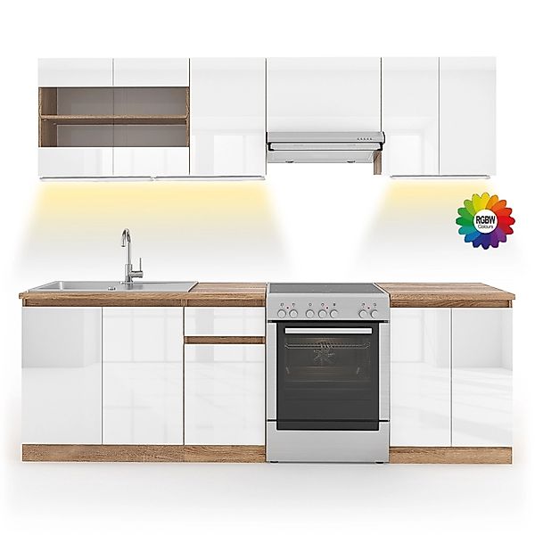 Vicco Raul Küchenzeile Weiß 240 cm AP Sonoma mit LED-LeistenRaul ohne E-Ger günstig online kaufen