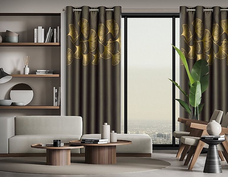Eurofirany Vorhang 140x250 Blickdicht Ösen Ginko Muster Satin Gold, Blackou günstig online kaufen