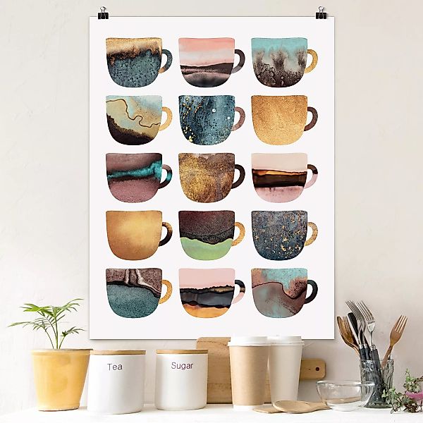 Poster - Hochformat Bunte Kaffeetassen mit Gold günstig online kaufen