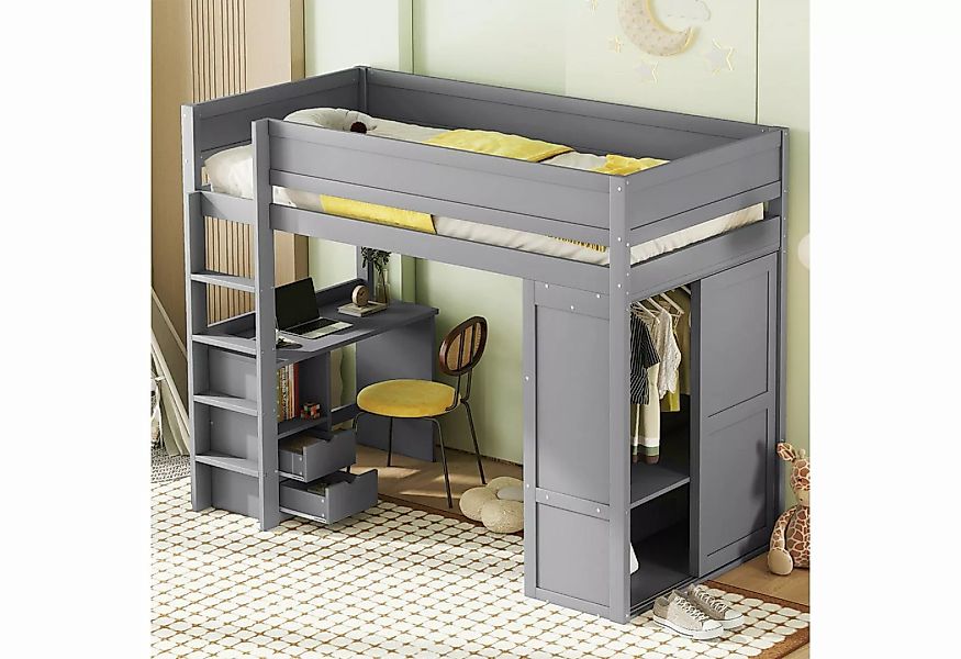 SOFTWEARY Hochbett mit Lattenrost, Schreibtisch und Kleiderschrank (90x200 günstig online kaufen