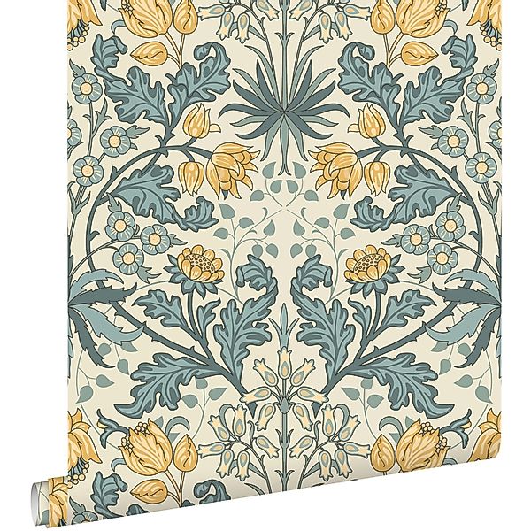 ESTAhome Tapete Blumenmuster im Jugendstil Blau und Gelb 50 x 900 cm günstig online kaufen