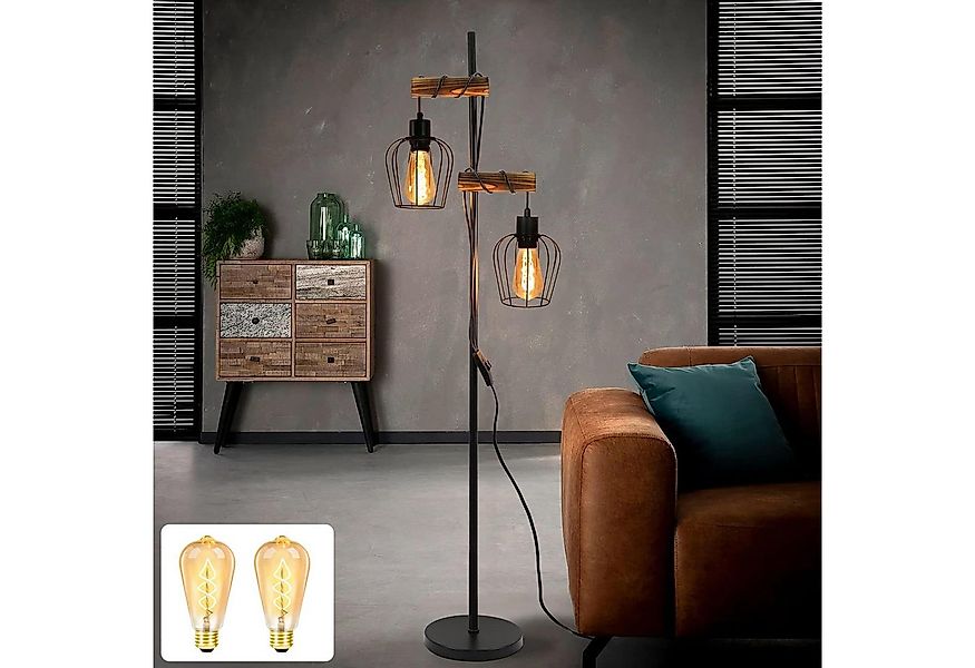 Nettlife Stehlampe Holz Vintage E27 2 Flammig Wohnzimmer Metall Schwarz Bir günstig online kaufen