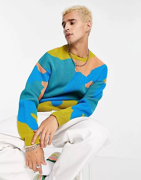 ASOS DESIGN – Oversize-Pullover in Blau mit Military-Muster günstig online kaufen