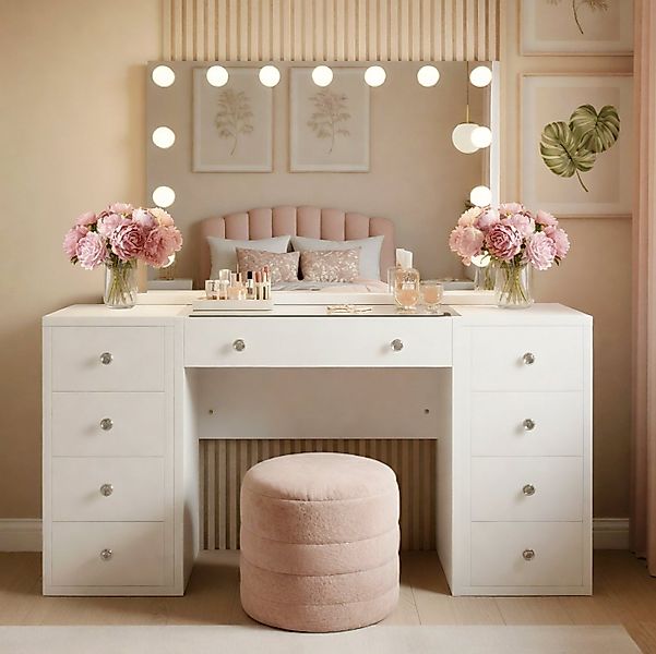 CLP Schminktisch Tiline, Spiegel, LED-Beleuchtung, 7 Schubladen, Glasplatte günstig online kaufen