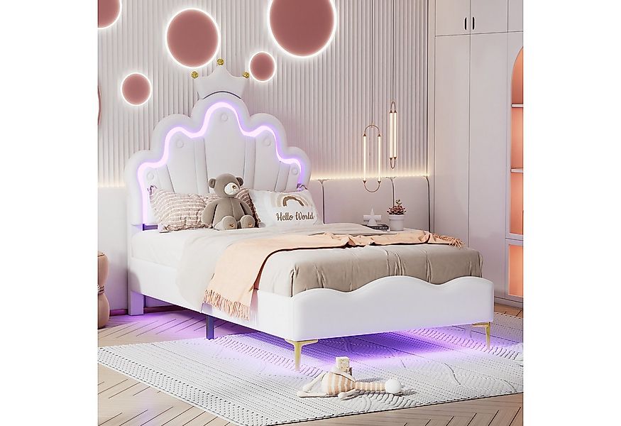 Flieks Polsterbett, LED Kinderbett Einzelbett mit krone-Form Prinzessinnenb günstig online kaufen
