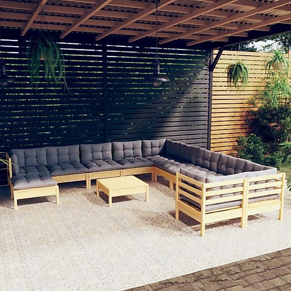 12-tlg. Garten-lounge-set Mit Grauen Kissen Kiefernholz günstig online kaufen