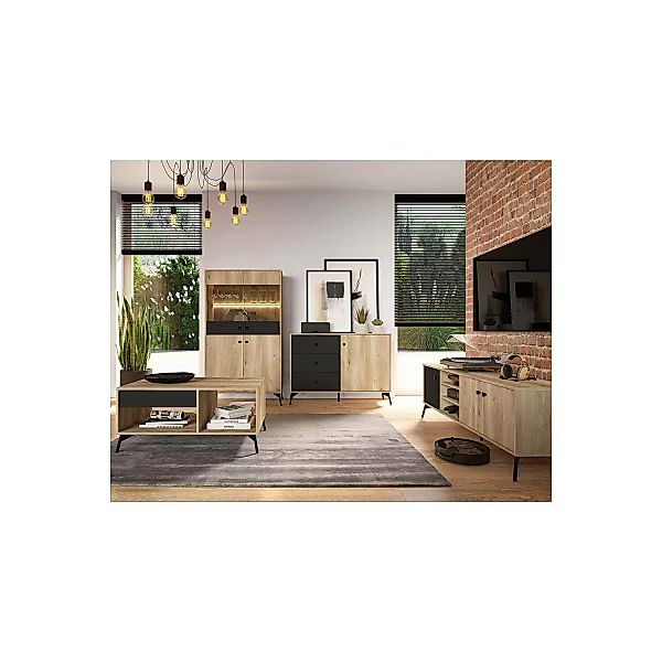 Wohnmöbel Set in Eiche Nb. mit Beleuchtung ARONA-131 Highboard, Kommode, Lo günstig online kaufen