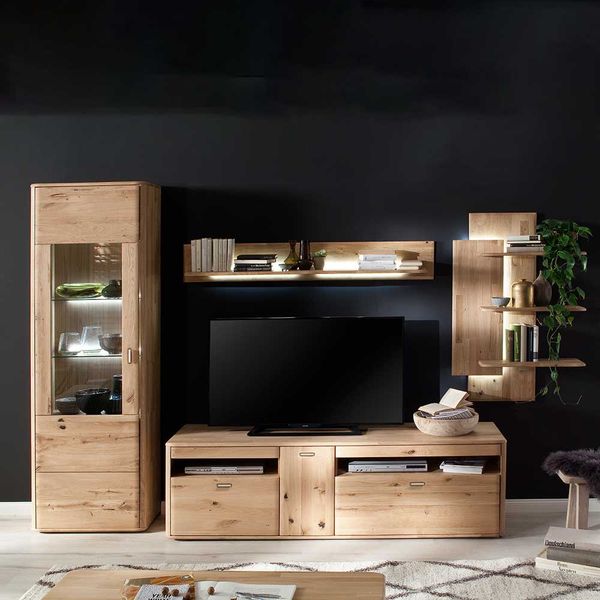 Wohnwand massiv in Eiche Bianco 310 cm breit (vierteilig) günstig online kaufen