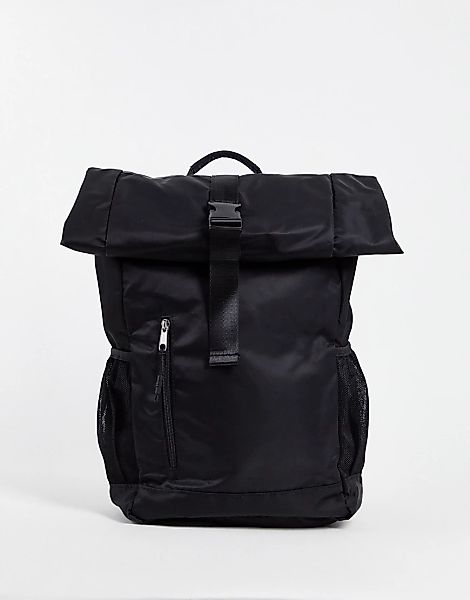 ASOS DESIGN – Rucksack aus Nylon in Schwarz mit gerolltem Umschlag oben und günstig online kaufen