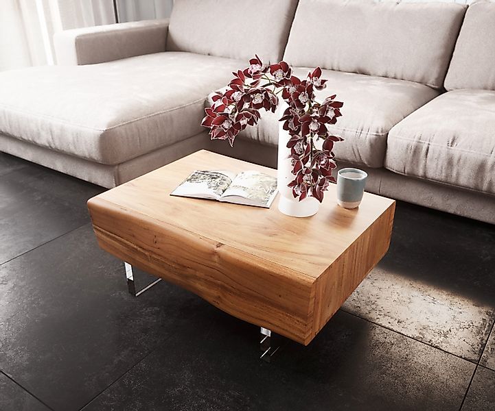 Couchtisch New Live-Edge 80x60 cm Akazie Natur 2 Schubladen Acrylfuß günstig online kaufen