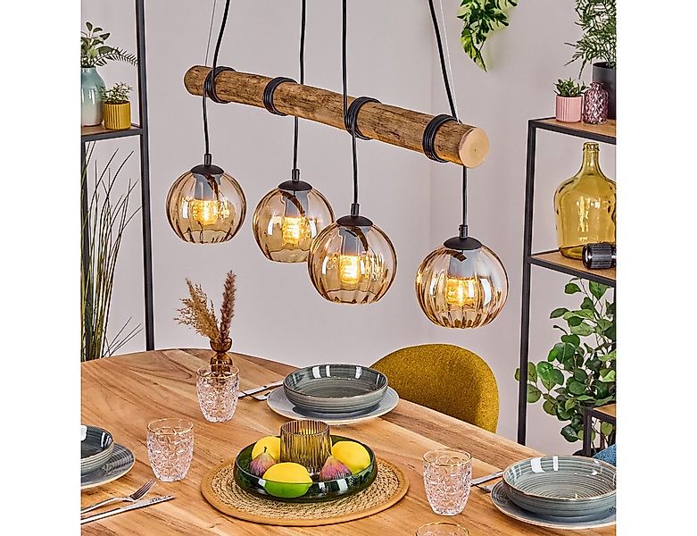 hofstein Pendelleuchte Hängelampe aus Metall/Holz/Riffelglas in Schwarz/Nat günstig online kaufen