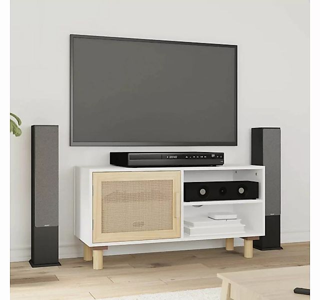 furnicato TV-Schrank Weiß 80x30x40 cm Massivholz Kiefer und Natur-Rattan günstig online kaufen