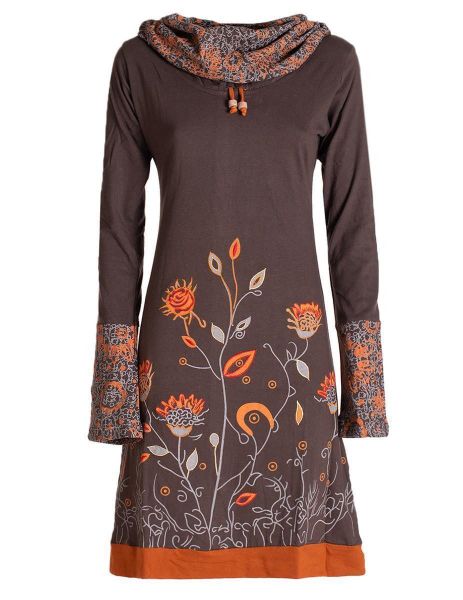 Vishes Jerseykleid Blumen-Kleid Langarm-Shirtkleid Schal-Kragen Baumwolle günstig online kaufen