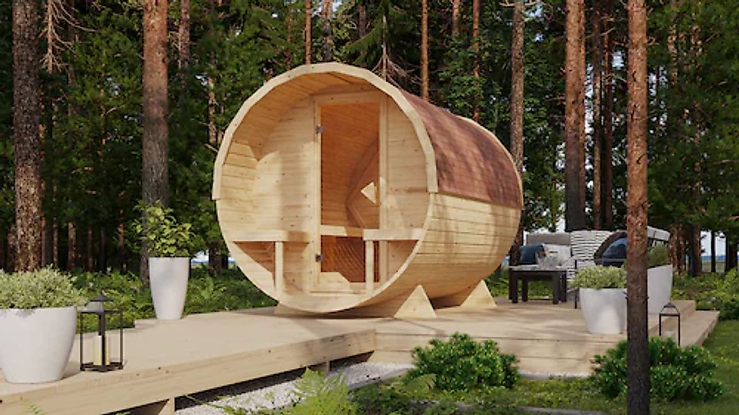 KONIFERA Fasssauna »Lathy XL«, 3,6-kW-Plug & Play Ofen mit integrierter Ste günstig online kaufen