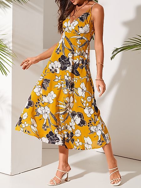 YOINS Yellow Backless Design Random Blumendruck V-Ausschnitt Ärmellos Kleid günstig online kaufen