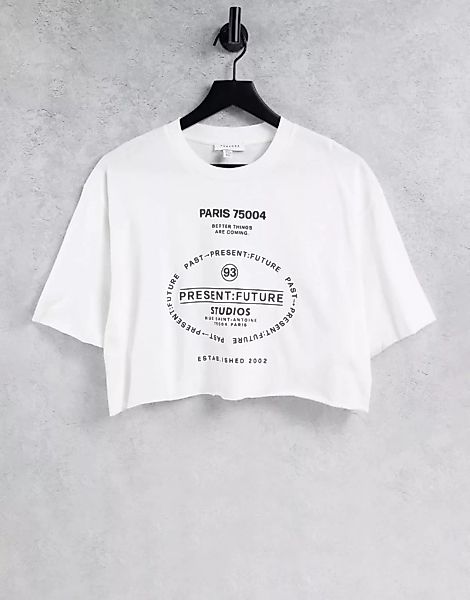 Topshop – Kurz geschnittenes T-Shirt in Weiß mit „Paris 75004“-Print günstig online kaufen
