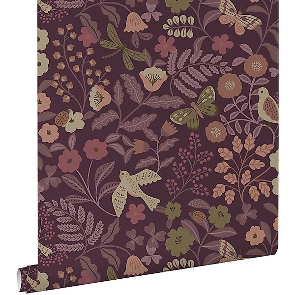 ESTAhome Tapete Blumen und Vögel Aubergineviolett 50 x 900 cm günstig online kaufen